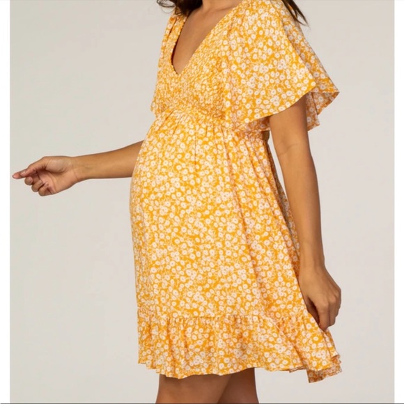 Maternity yellow ruffle smocked dress, size large - Picture 2 of 12